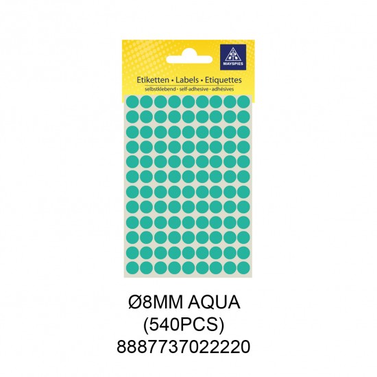 MAYSPIES MS008 COLOUR DOT LABEL / 5 SHEETS/PKT / 540PCS/ ROUND 8MM AQUA